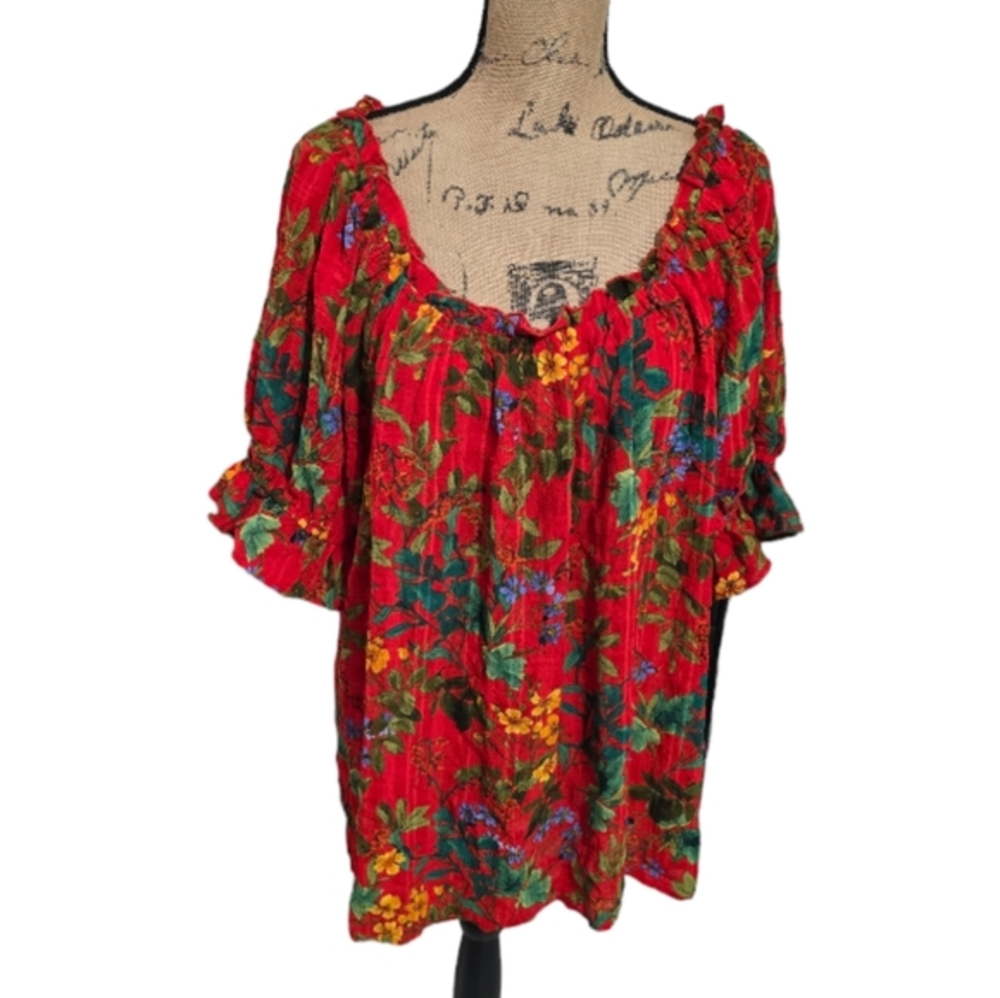 Chenault Boho Red Floral Peasant Blouse Ruffle Scoop Neck 2X Plus Size New